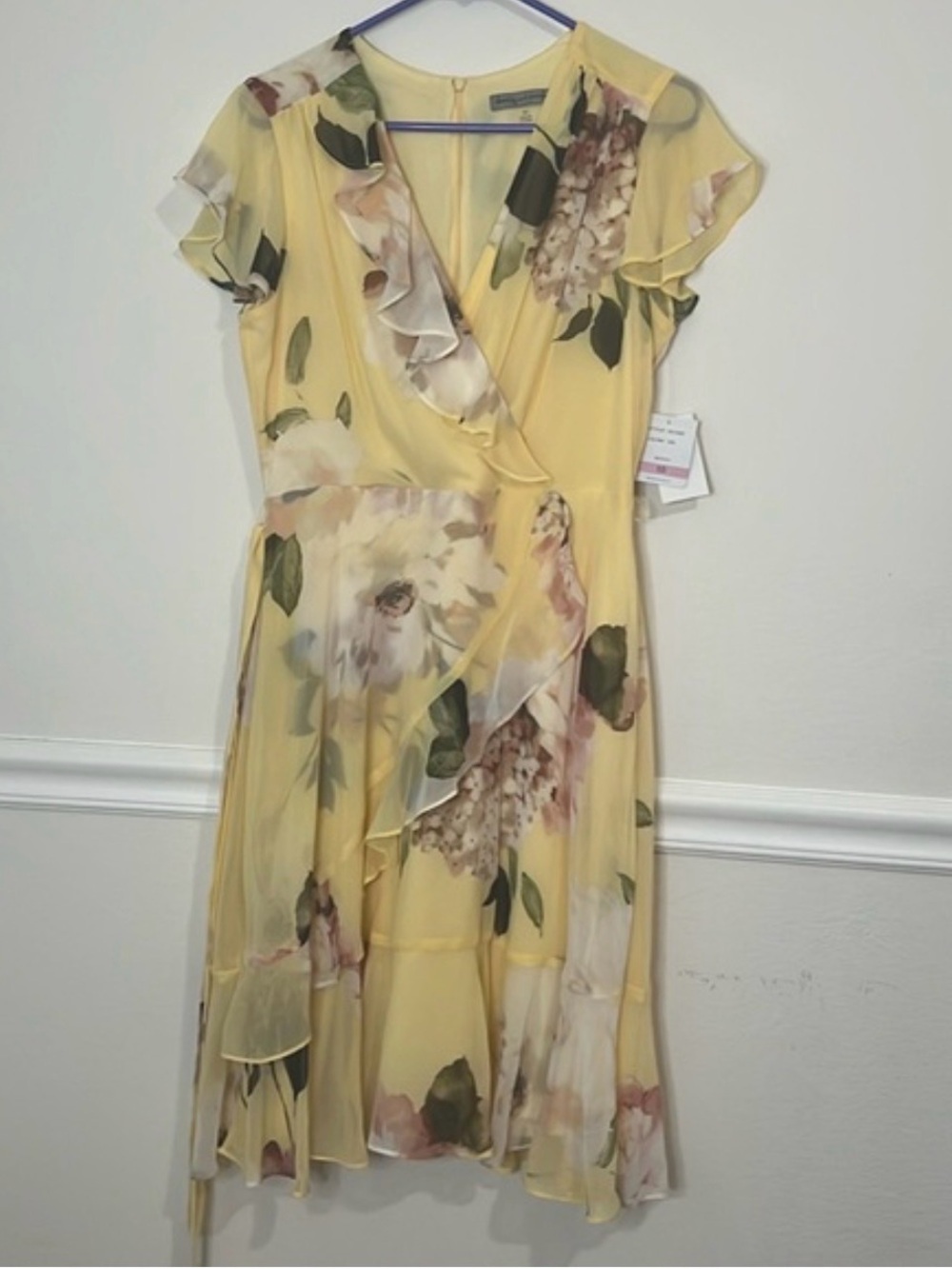 Danny & Nicole Yellow Floral Wrap Dress with Ruffle Details